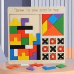 3 In 1 Wooden Jigsaw Block Puzzle Game With Tetris Tangram Tic Tac Toe - STEM Montessori Educational Gift for Kids - Early Learning Tangram Toy - Image 4