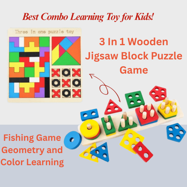 3 in 1 Wooden Jigsaw Block Puzzle Game & Geometry & Color Learning Board